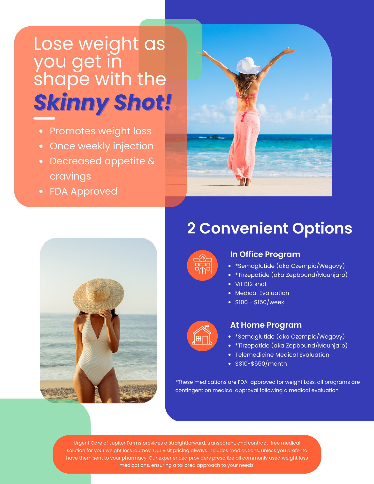 Flyer describing skinny shot weight loss options available at Urgent Care of Jupiter Farms.